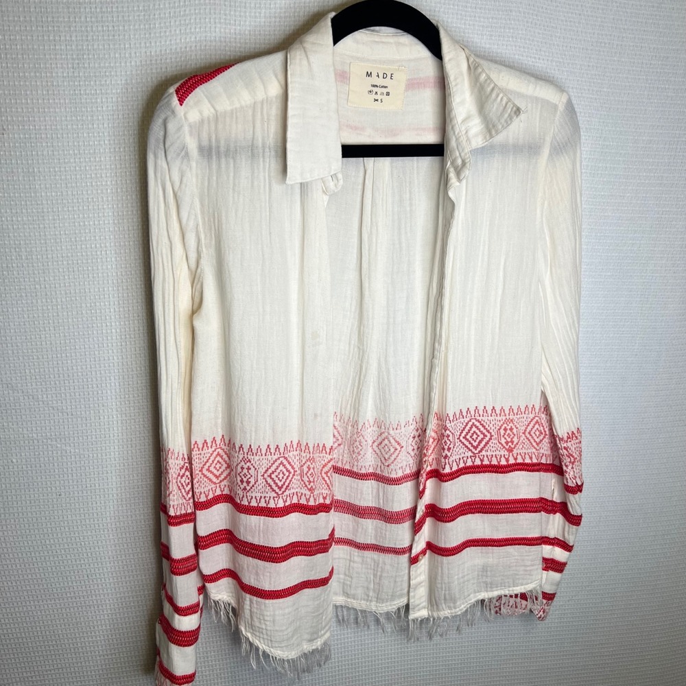 MADE Women Cream Red Geometric Embroidered Cotton Gauze Fringe Button Down Small